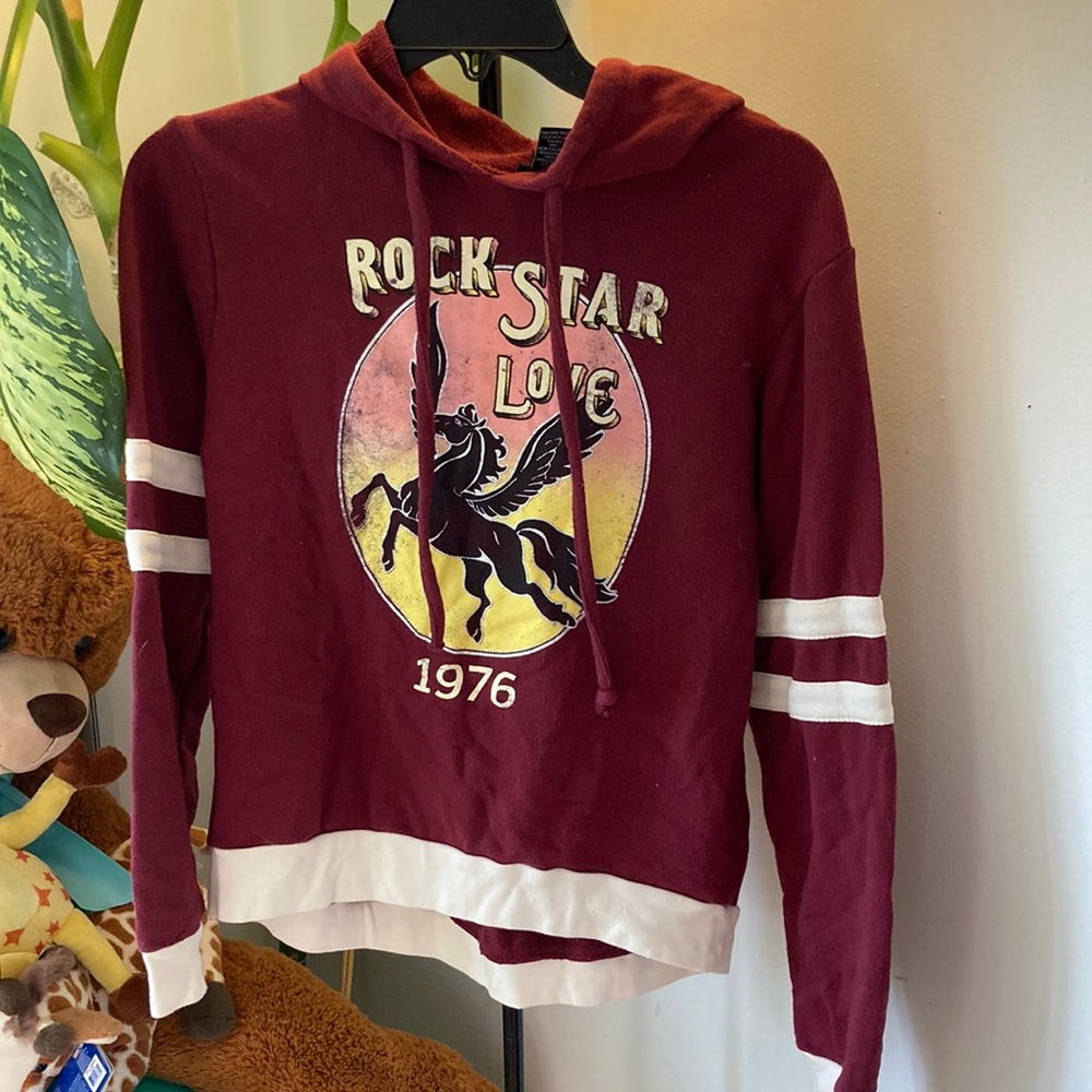 Rue 21 rock Star Love 1976 maroon hooded sweatshirt M